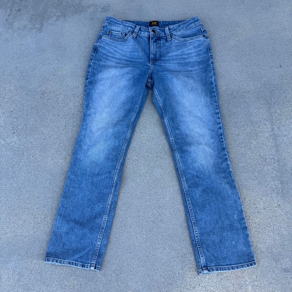 Lee Womens 8S Straight Leg Jeans Medium Wash Stretch Denim Mid Rise 112359299